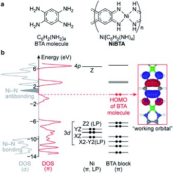 image showing Formulas of BTA molecule and NiBTA and (b) electronic structure of NiBTA.