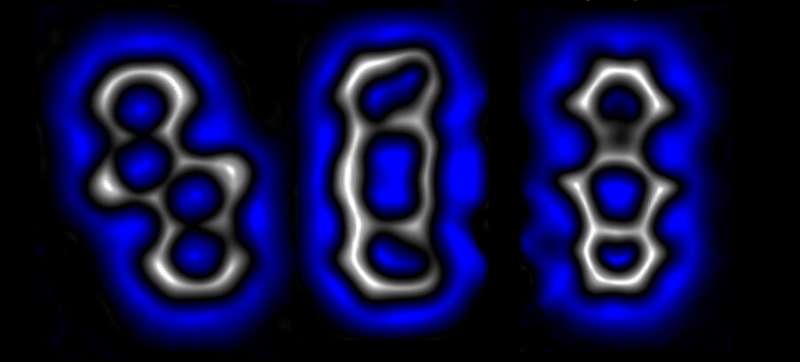 image showing single molecules obtained by high-resolution atomic force microscopy. Selectively and reversibly the molecular structure in the center can be transformed to the structure on the right or on the left, by voltage pulses applied form the tip of a scanning probe microscope